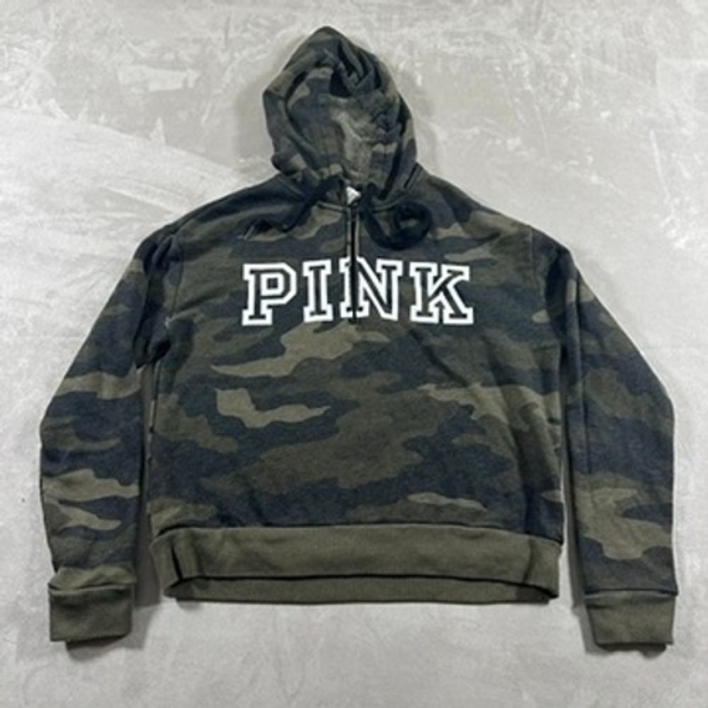 PINK Victoria's Secret Hoodie Women XS Green Camo Quarter Zip Logo Sweatshirt